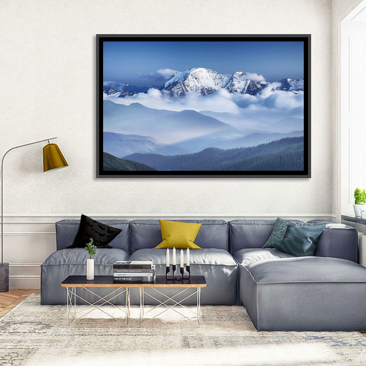 Snow-capped Peaks in Clouds Wall Art in a room, landscape