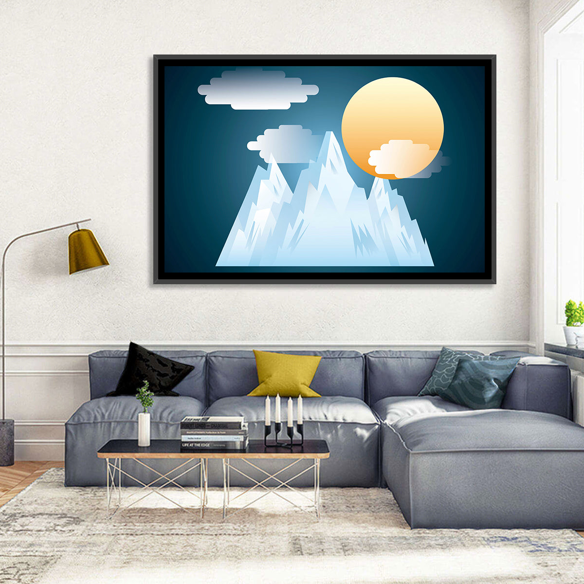 Geometric Snowy Mountain with Golden Sun Wall Art