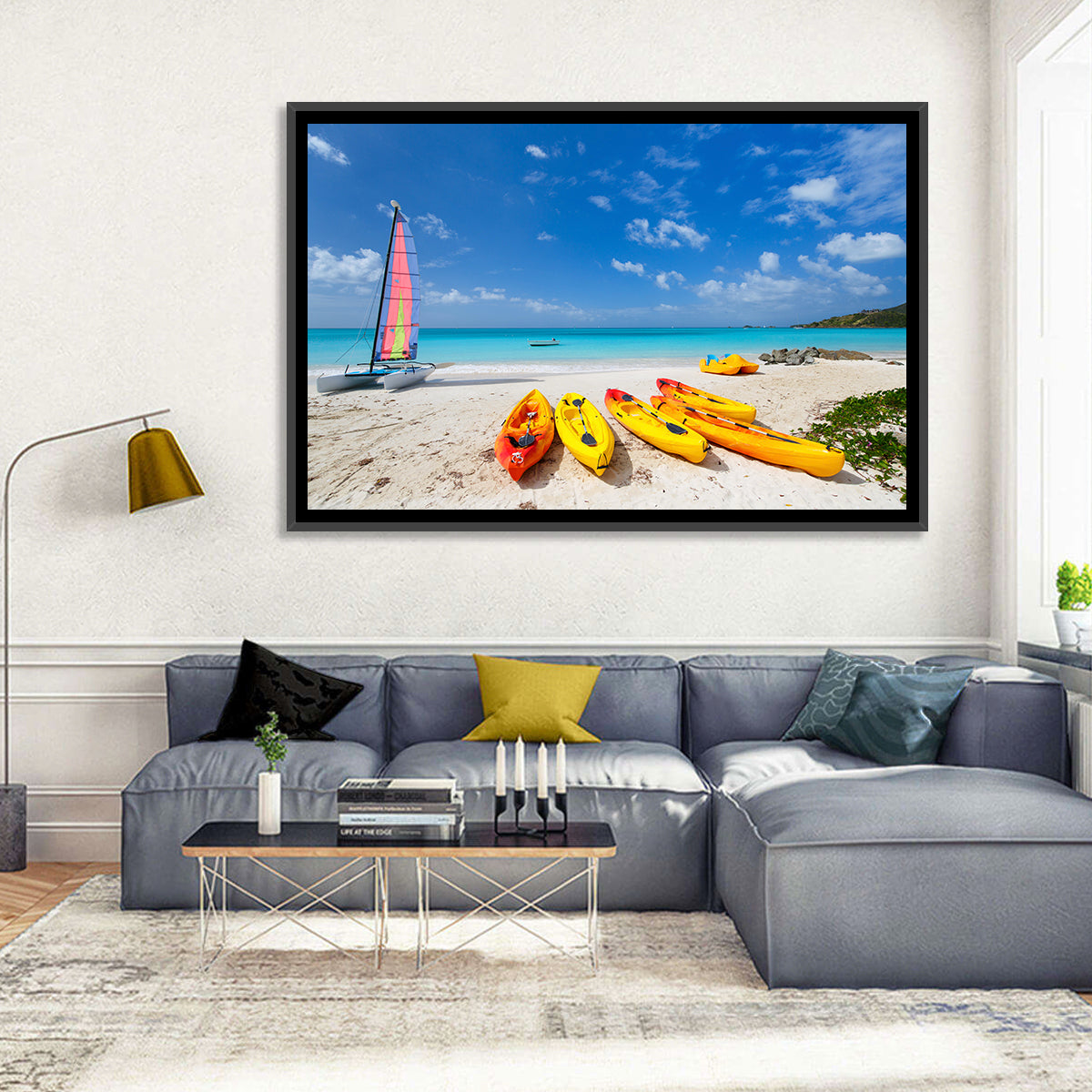 Yellow Kayaks on Tropical Beach Wall Art in a room, landscape