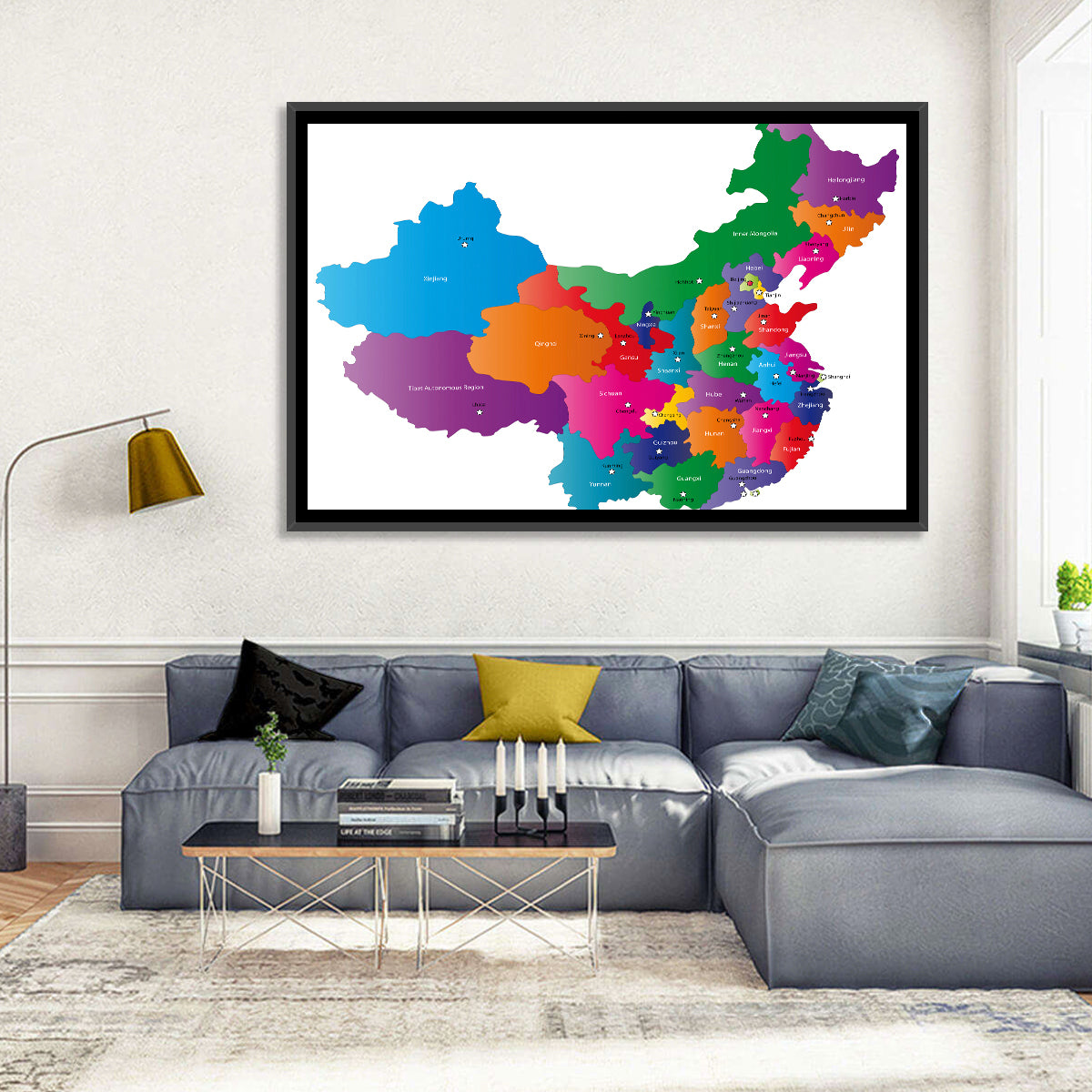 Colorful China Provinces Map Wall Art in a room, landscape