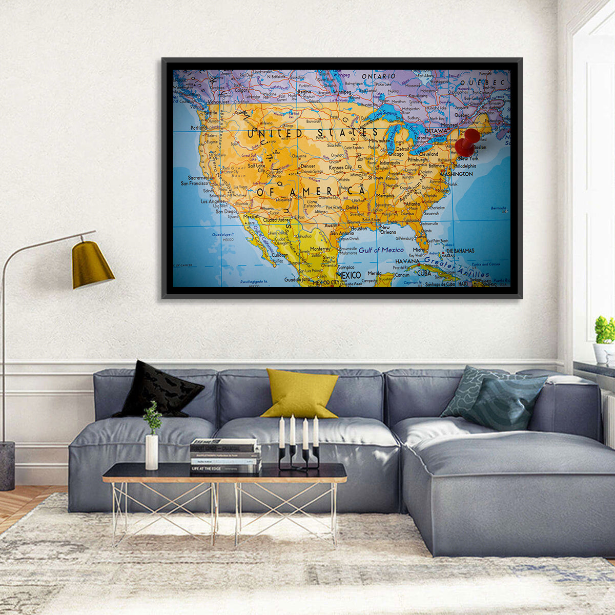 Vintage USA Map with Northeastern Pushpin Wall Art in a room, landscape