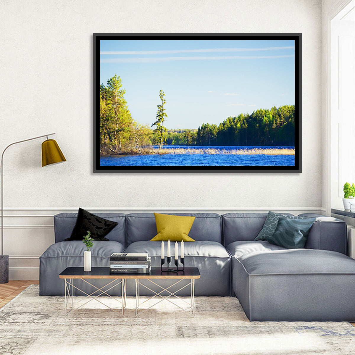 Summer Forest Lake Shoreline Wall Art in a room, landscape
