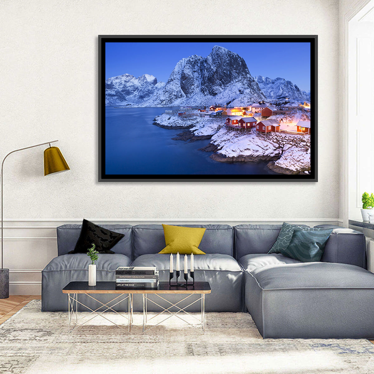 Hamnøy Red Cabins at Winter Dusk Wall Art in a room, landscape