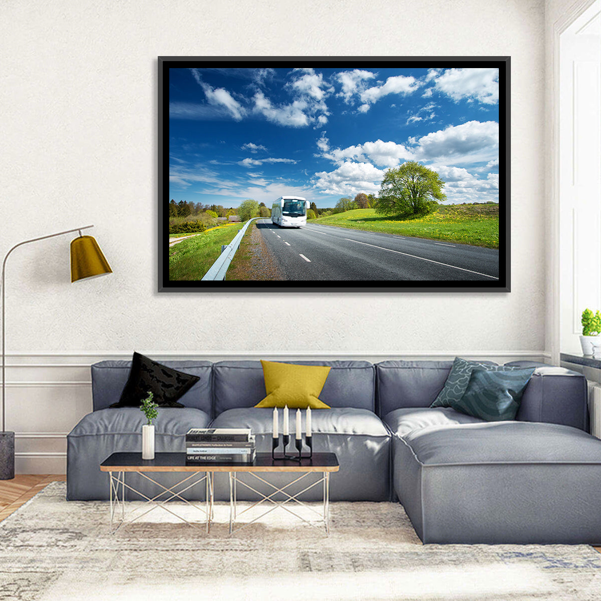 White Bus on Meadow Road Wall Art in a room, landscape