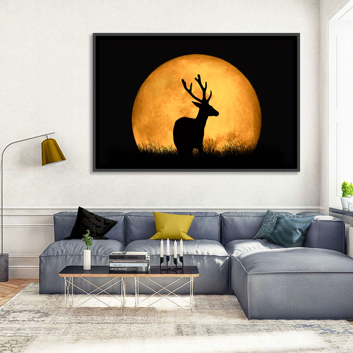 Buck Silhouette Under Red Moon Wall Art in a room, landscape