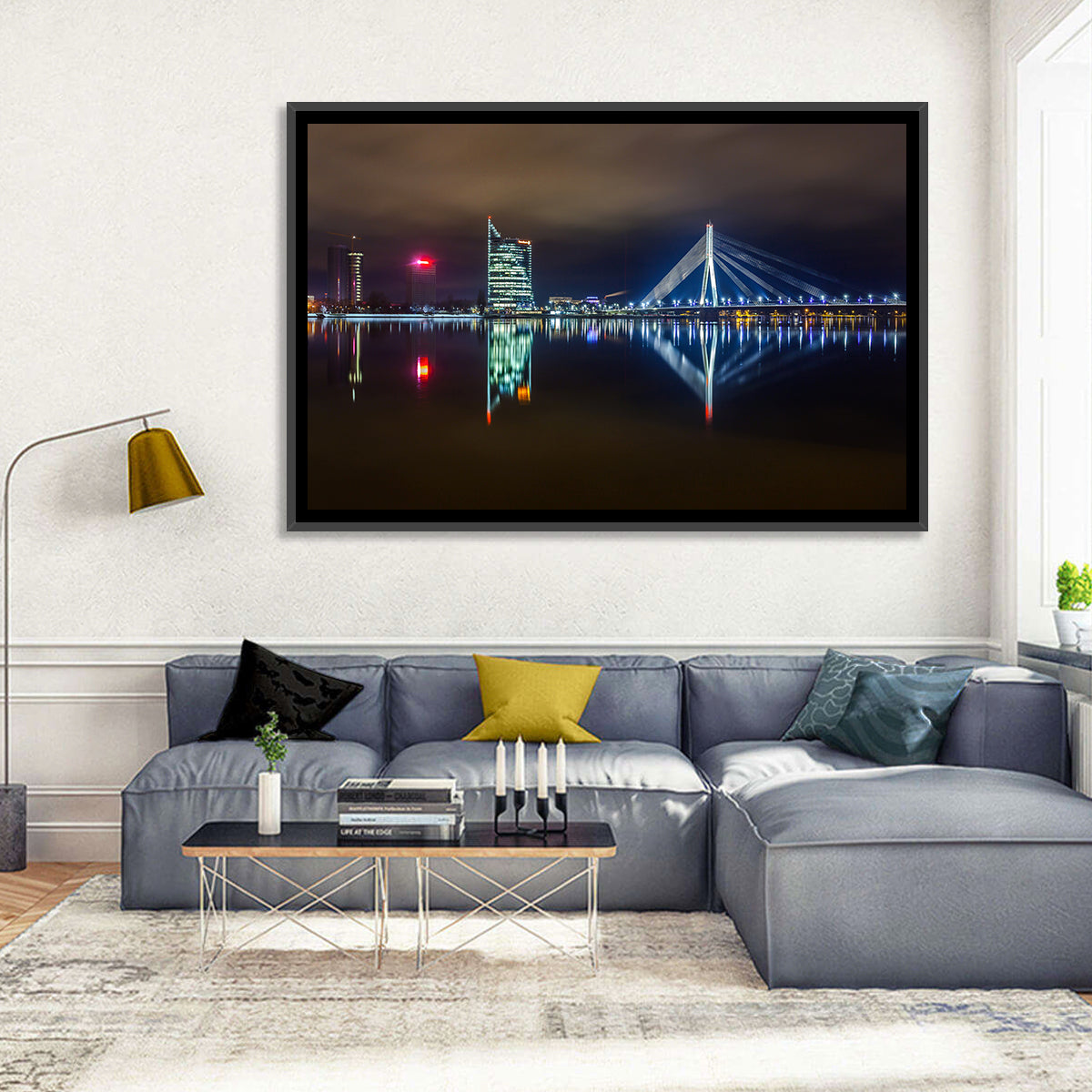 Vanšu Bridge Night Skyline Wall Art in a room, landscape