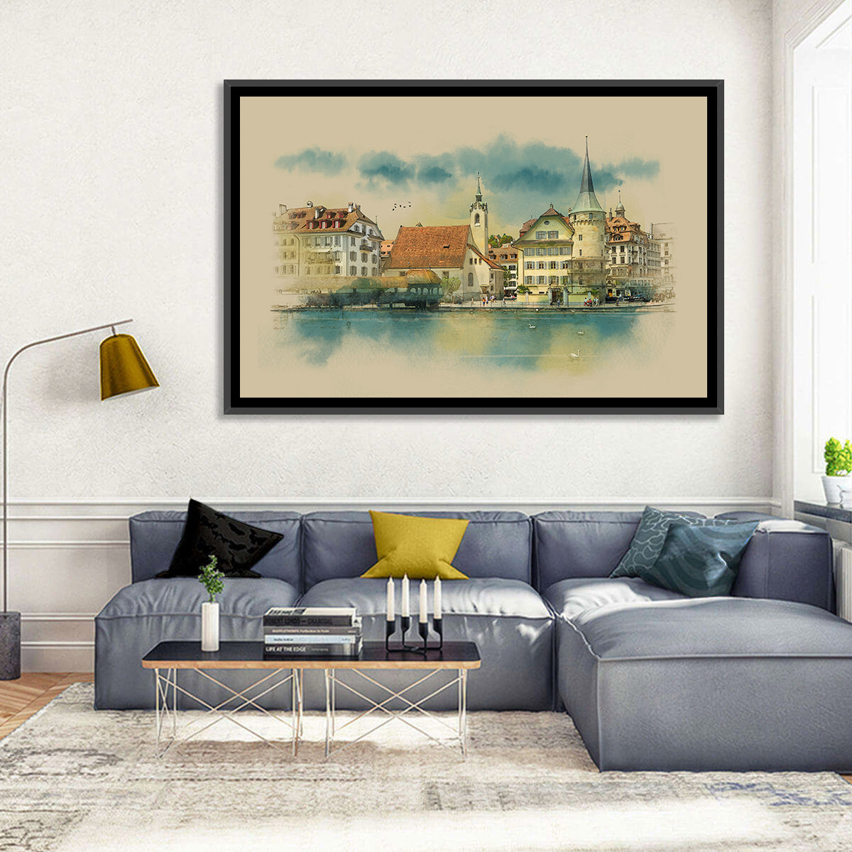 Lucerne Waterfront Sketch Wall Art in a room, landscape