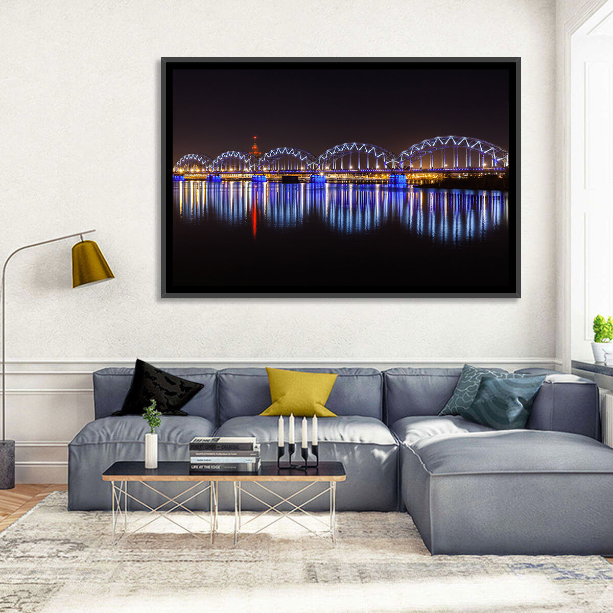 Riga Railway Bridge Nightscape Wall Art in a room, landscape