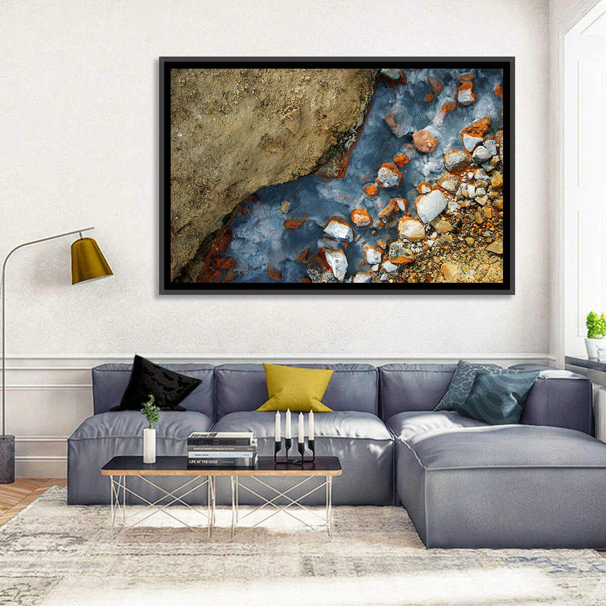 Milky Blue Geothermal Creek Wall Art in a room, landscape
