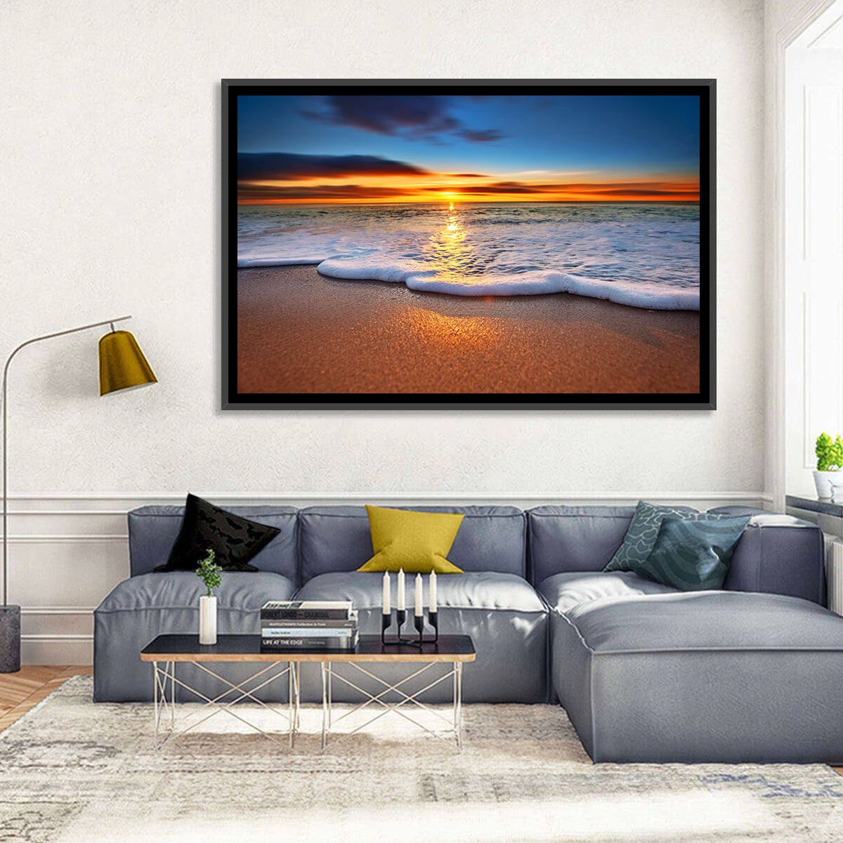 Sun Flare Beach Sunrise Wall Art in a room, landscape