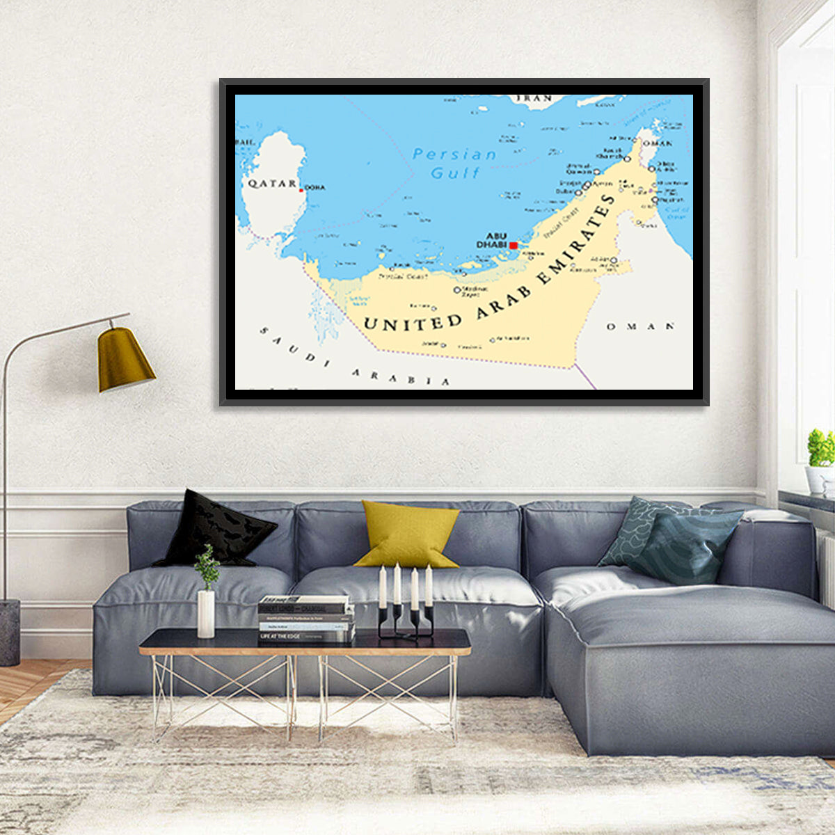 UAE Political Map Wall Art in a room, landscape