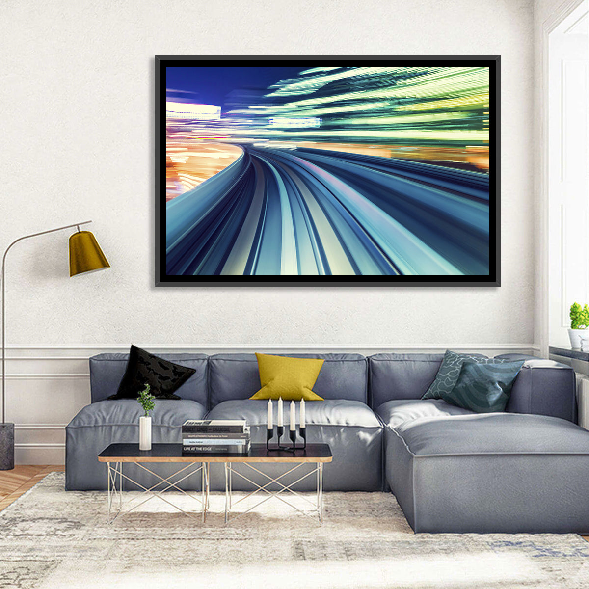Curved Monorail Light Trails Wall Art in a room, landscape
