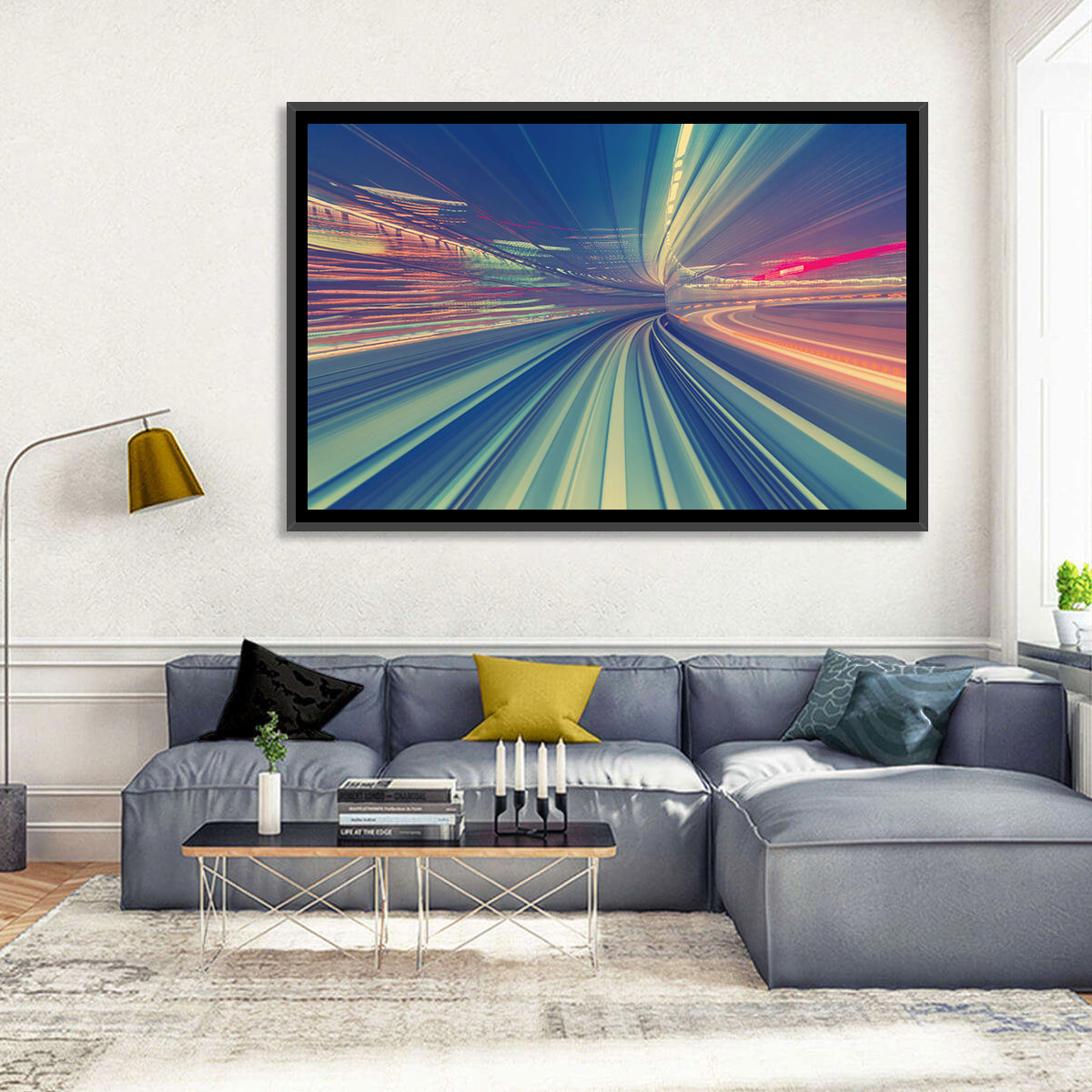Monorail Night Light Trails Wall Art in a room, landscape