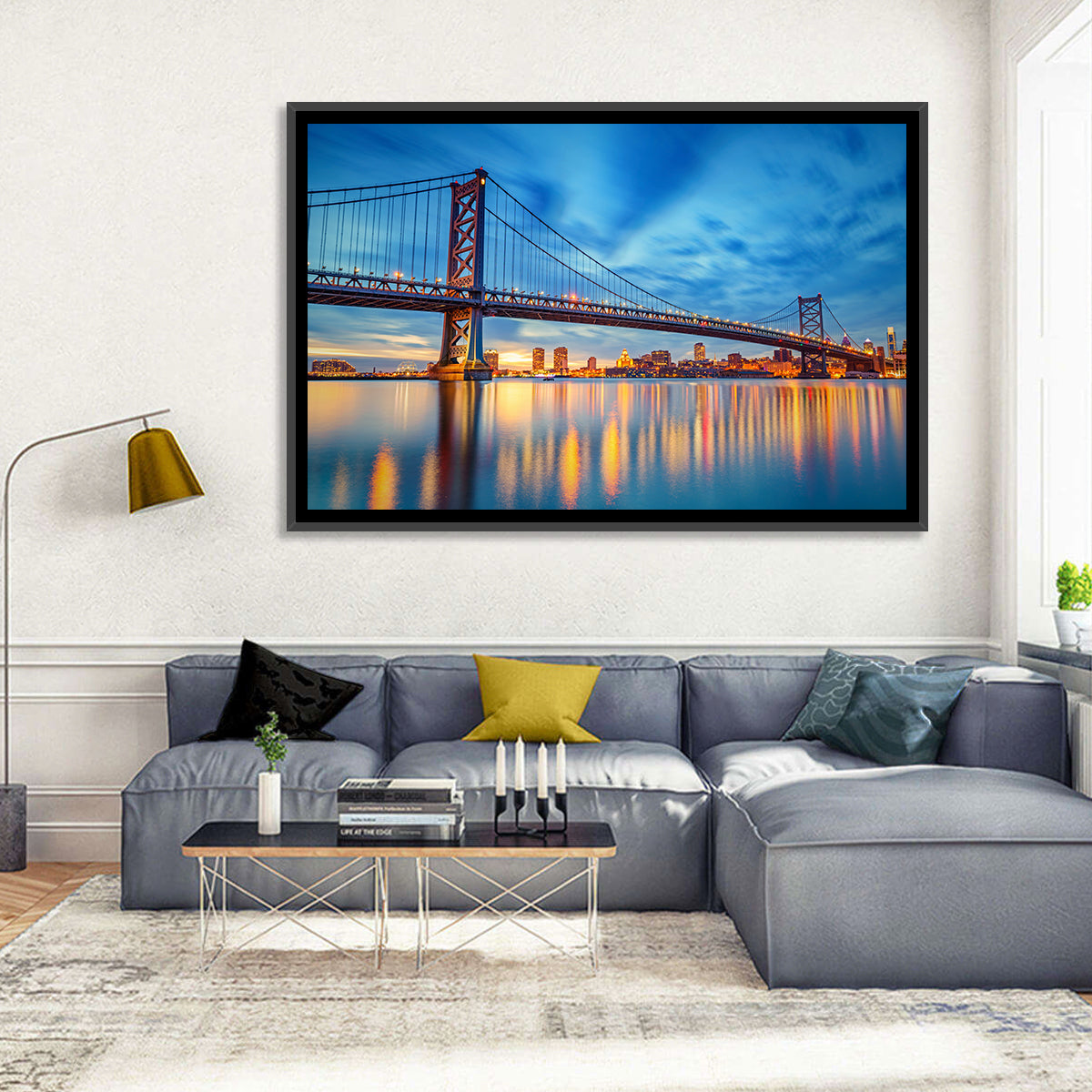 Benjamin Franklin Bridge Twilight Wall Art in a room, landscape
