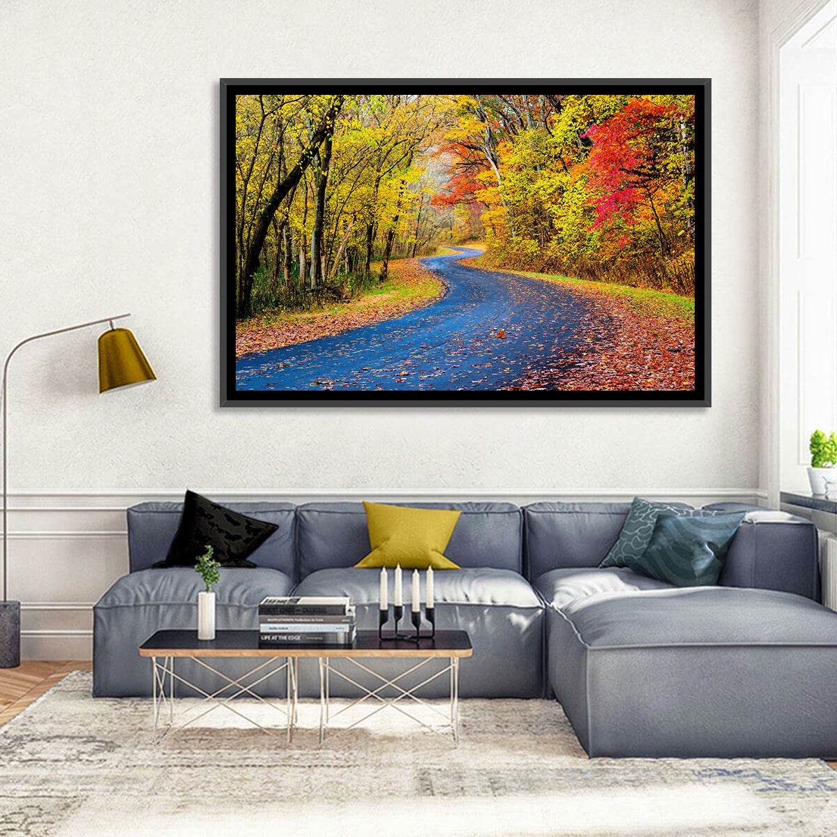 Wet Autumn Road Wall Art in a room, landscape