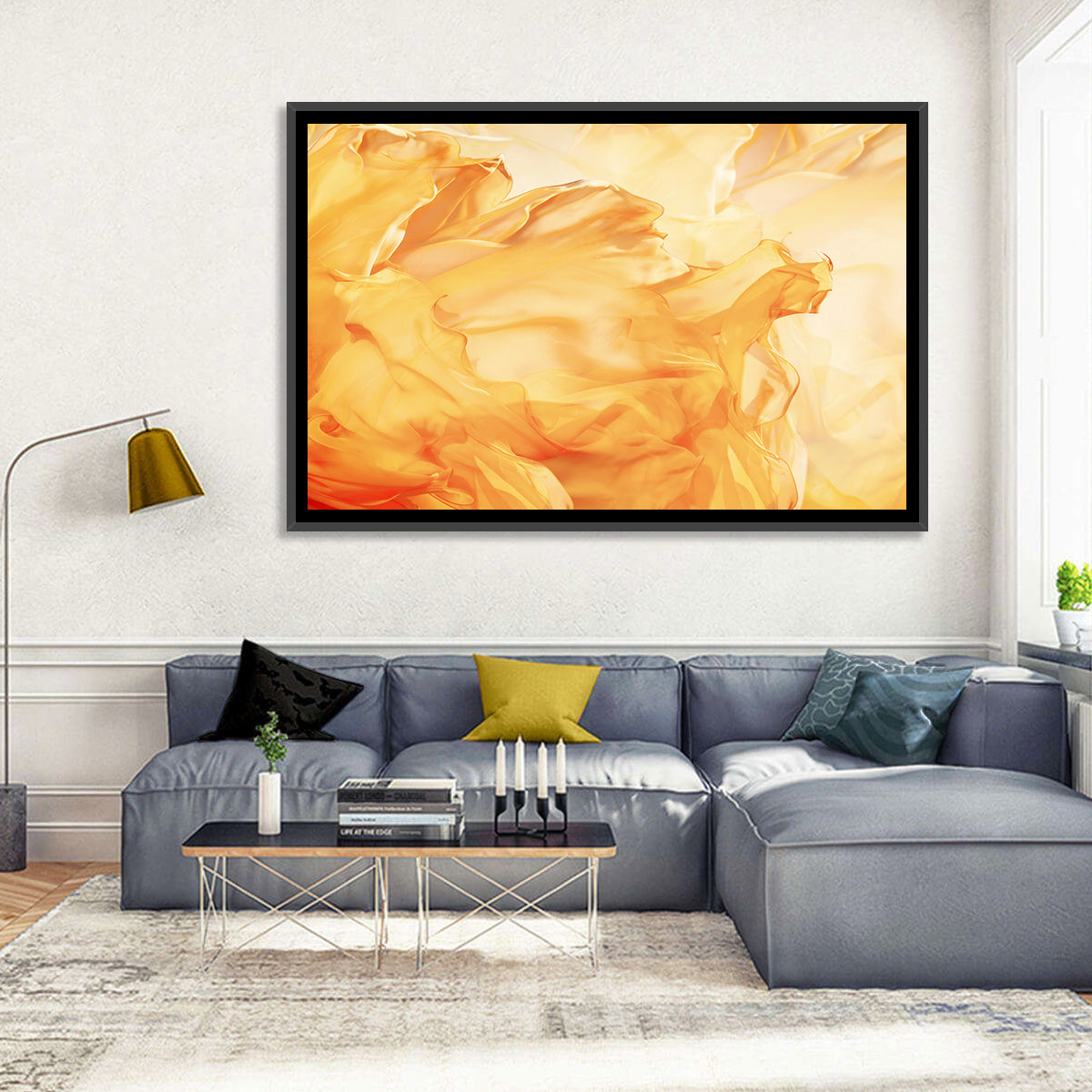 Golden Waving Cloth Abstract Wall Art in a room, landscape