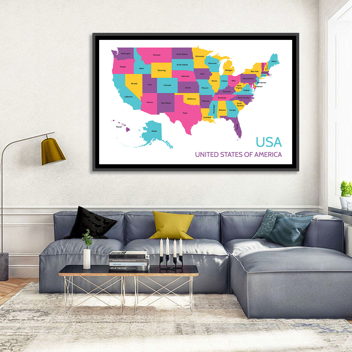 Detailed United States Map Wall Art in a room, landscape
