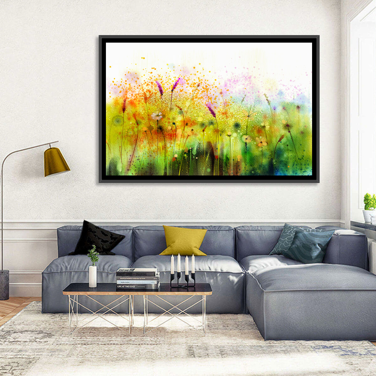 Cosmos Wildflowers Watercolor Wall Art in a room, landscape
