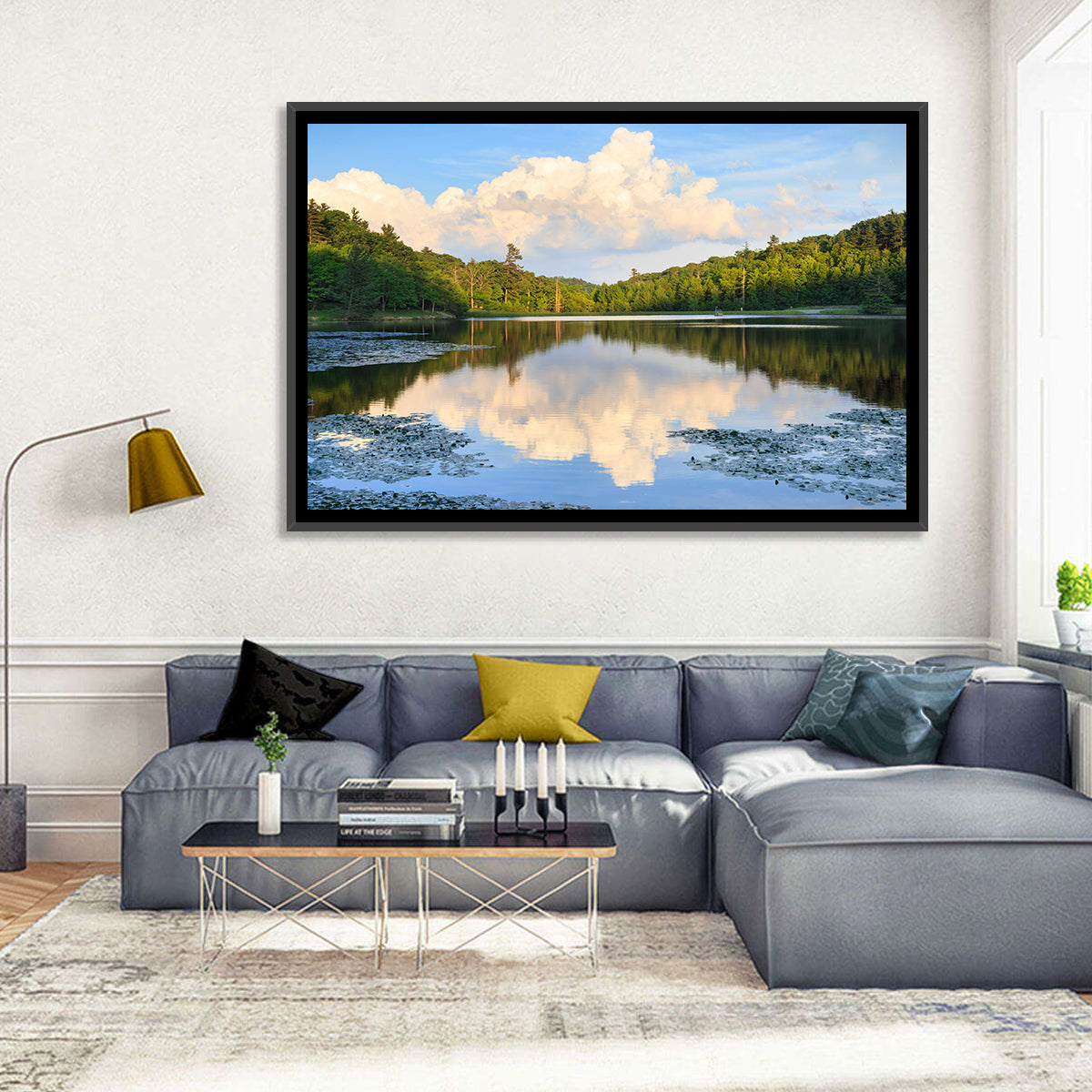 Bass Lake Reflection Wall Art in a room, landscape
