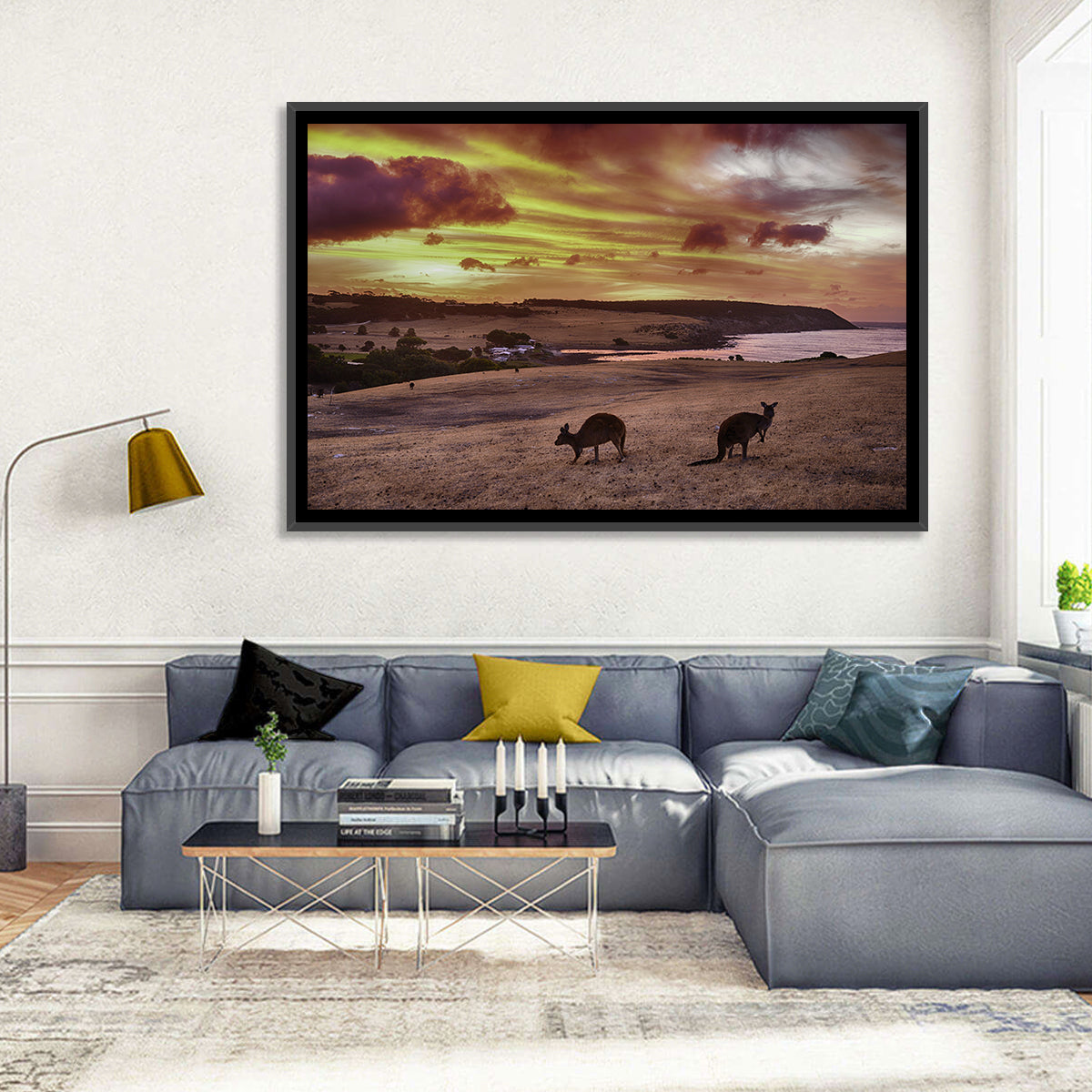 Two Kangaroos at Sunset Coast Wall Art