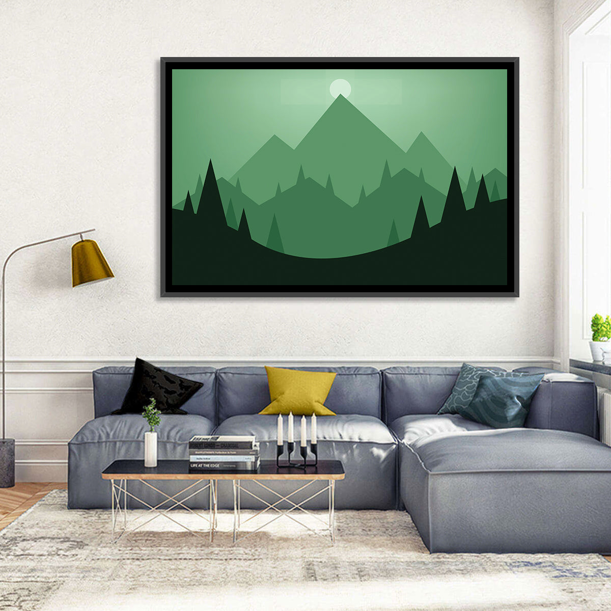 Geometric Mountain Sunset Illustration Wall Art in a room, landscape