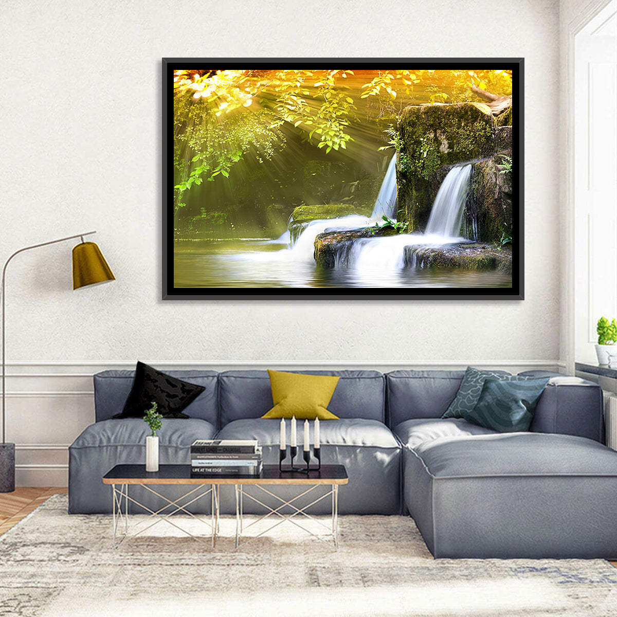 Sunlit Forest Waterfall Wall Art