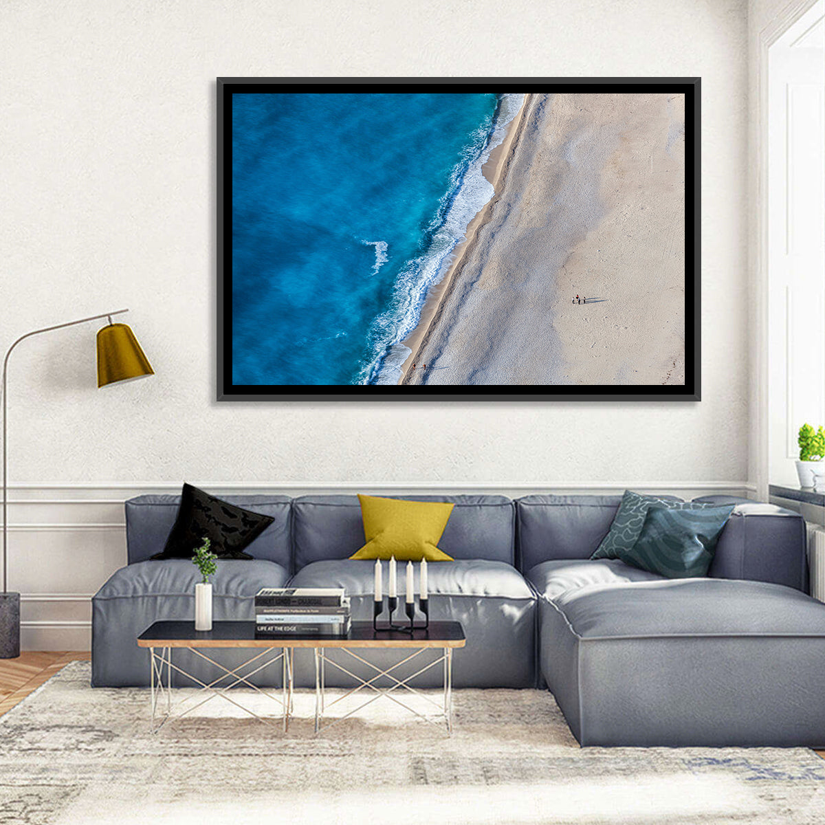 Myrtos Beach Aerial View Wall Art in a room, landscape