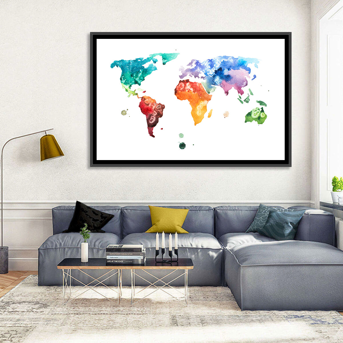 Multicolor Watercolor World Map Wall Art in a room, landscape
