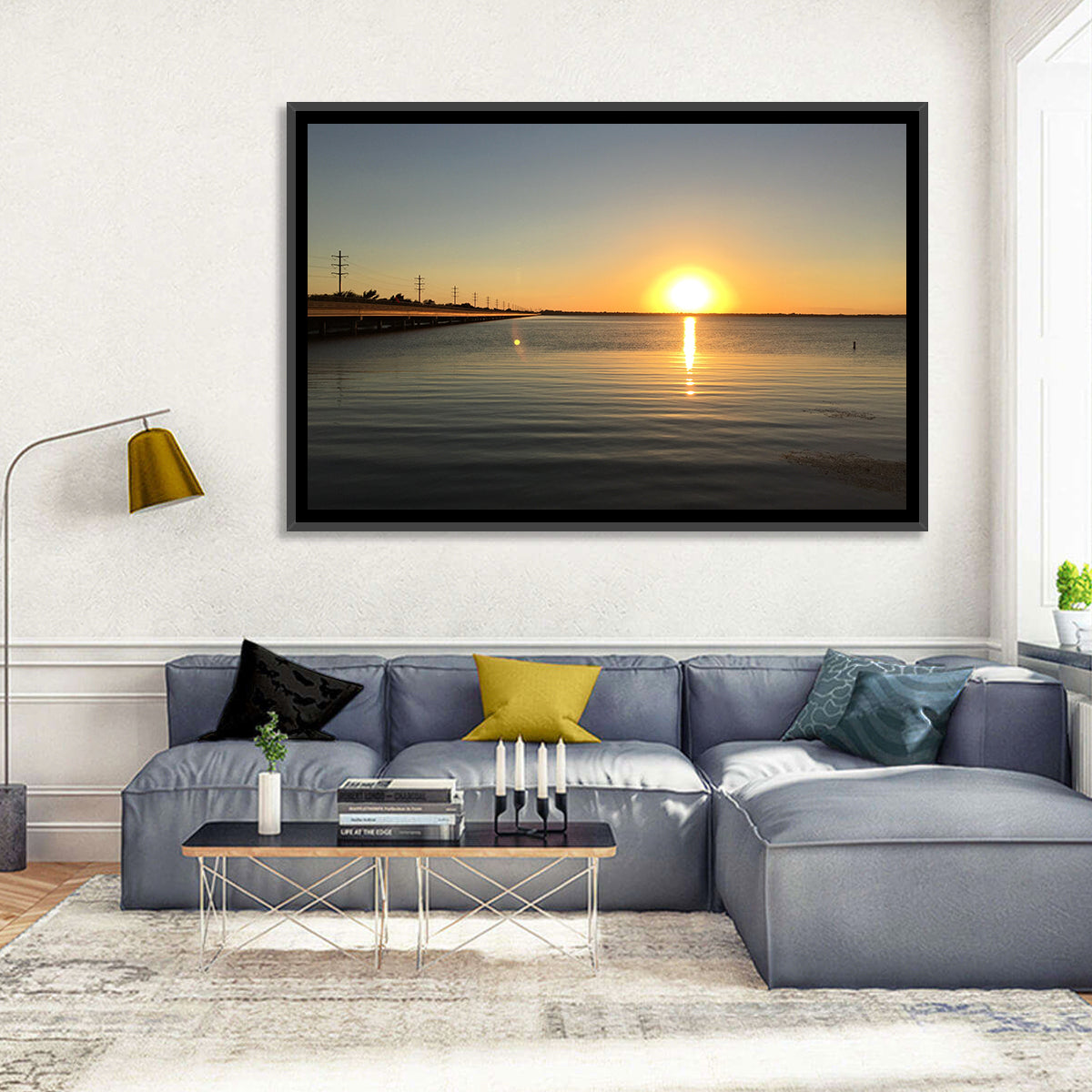 Lake Ray Hubbard Sunset Reflection Wall Art in a room, landscape