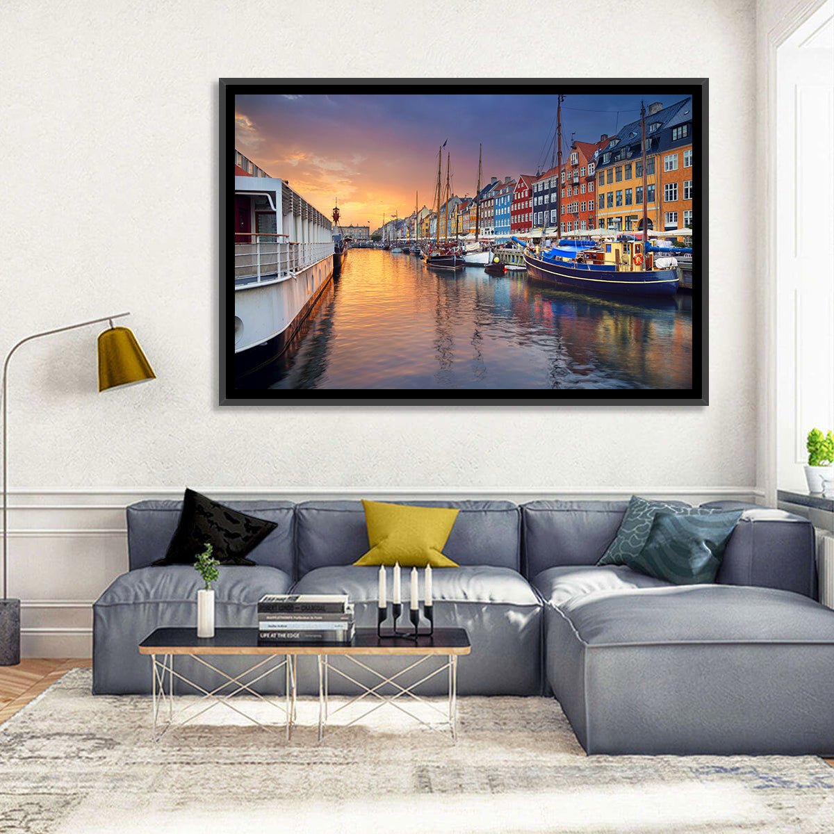Nyhavn Canal at Sunset Wall Art in a room, landscape