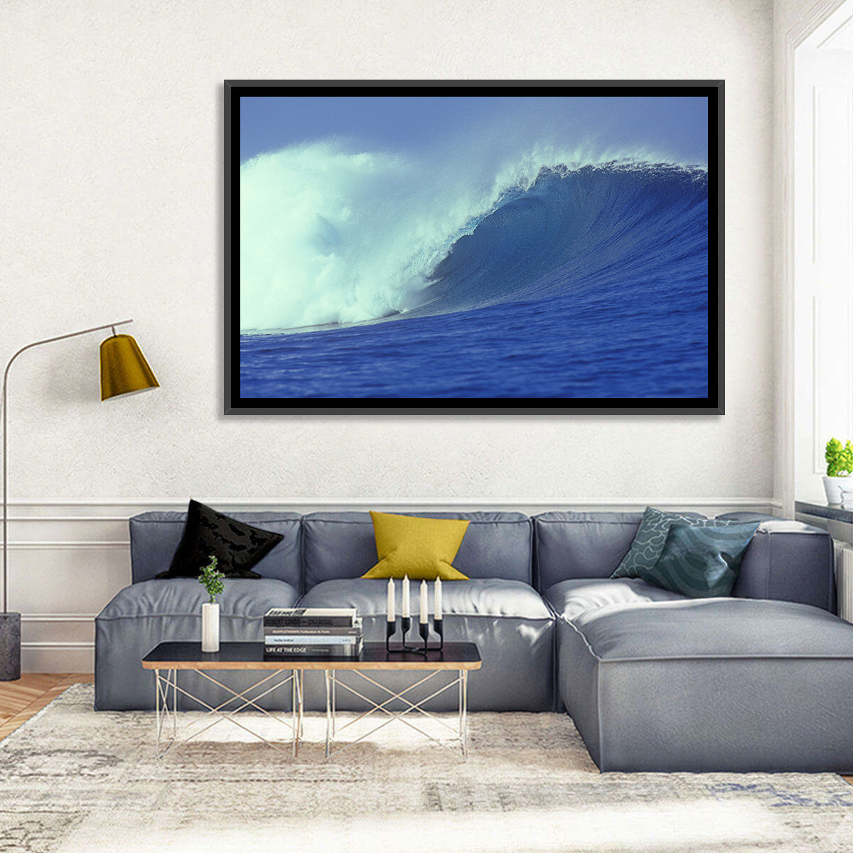 Deep Blue Barrel Wave Wall Art in a room, landscape