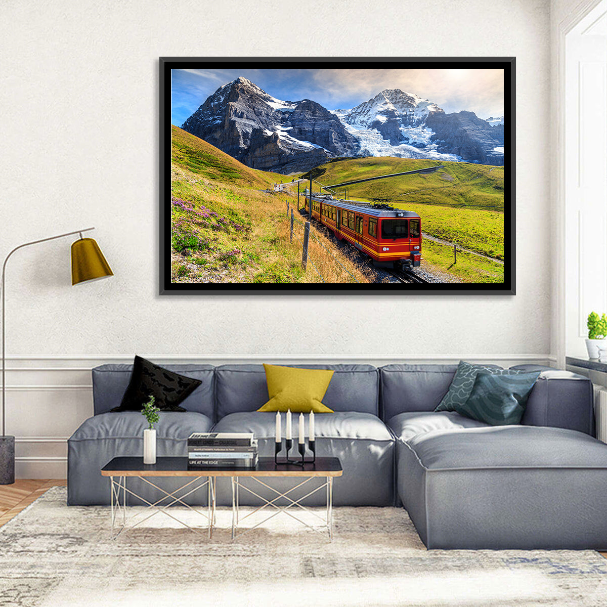 Red Alpine Train at Eiger Wall Art in a room, landscape