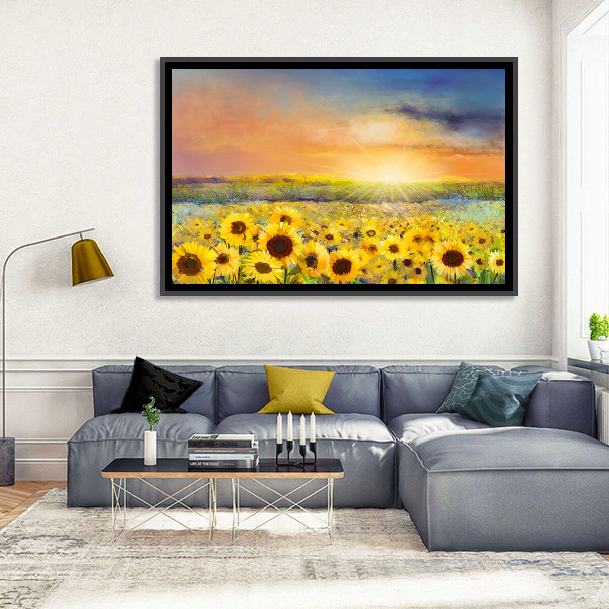 Sunburst Over Sunflower Field Wall Art in a room, landscape