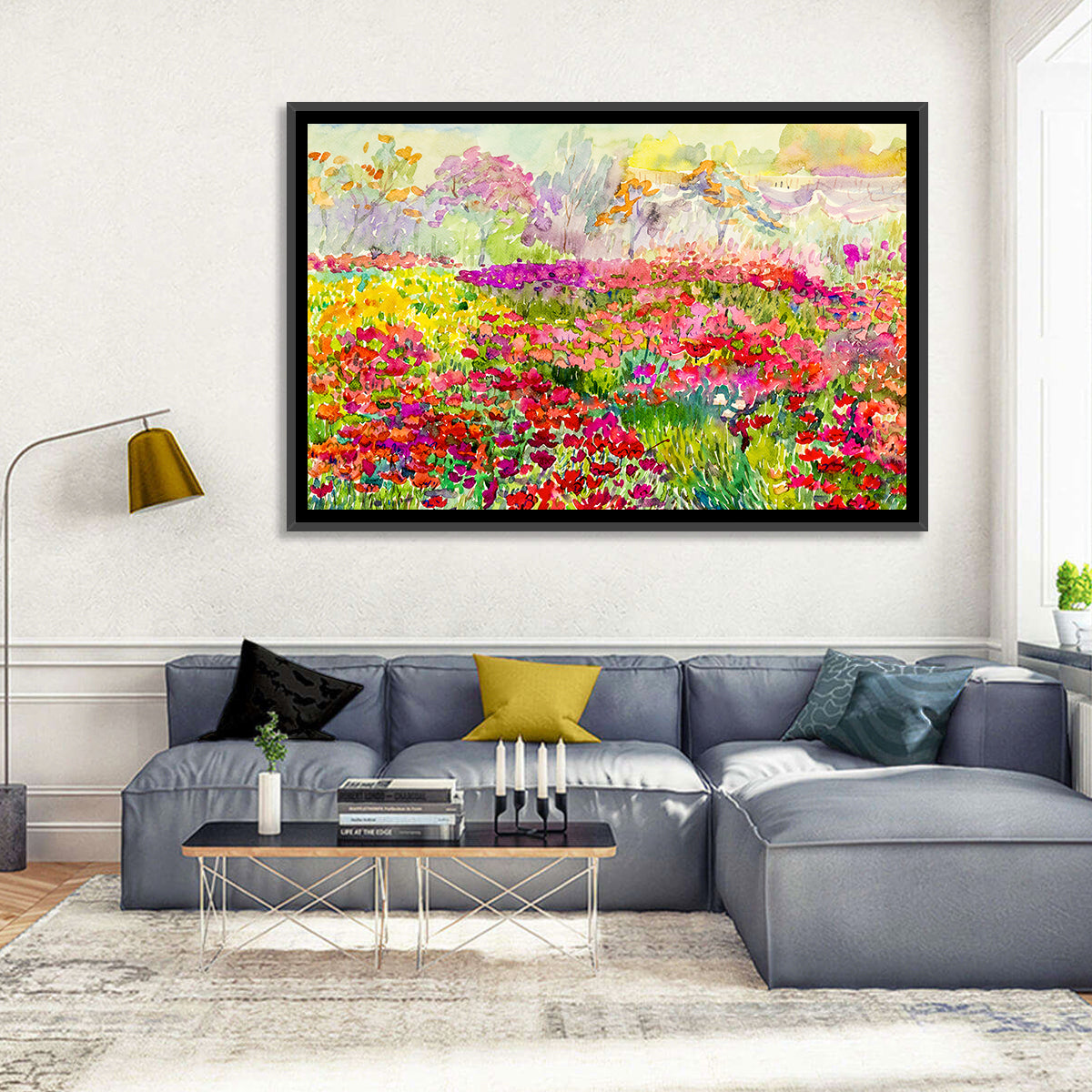 Summer Poppy Meadow Watercolor Wall Art in a room, landscape