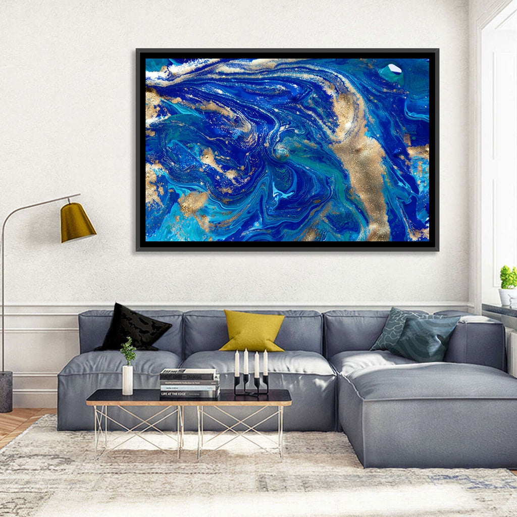 Blue and Gold Liquid Marble Swirls Wall Art