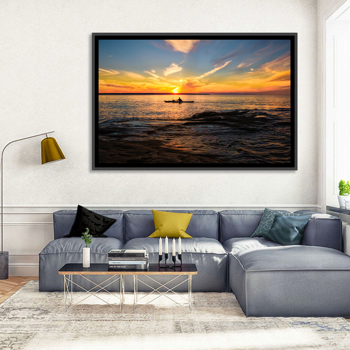 Lake Superior Sunset Wall Art in a room, landscape