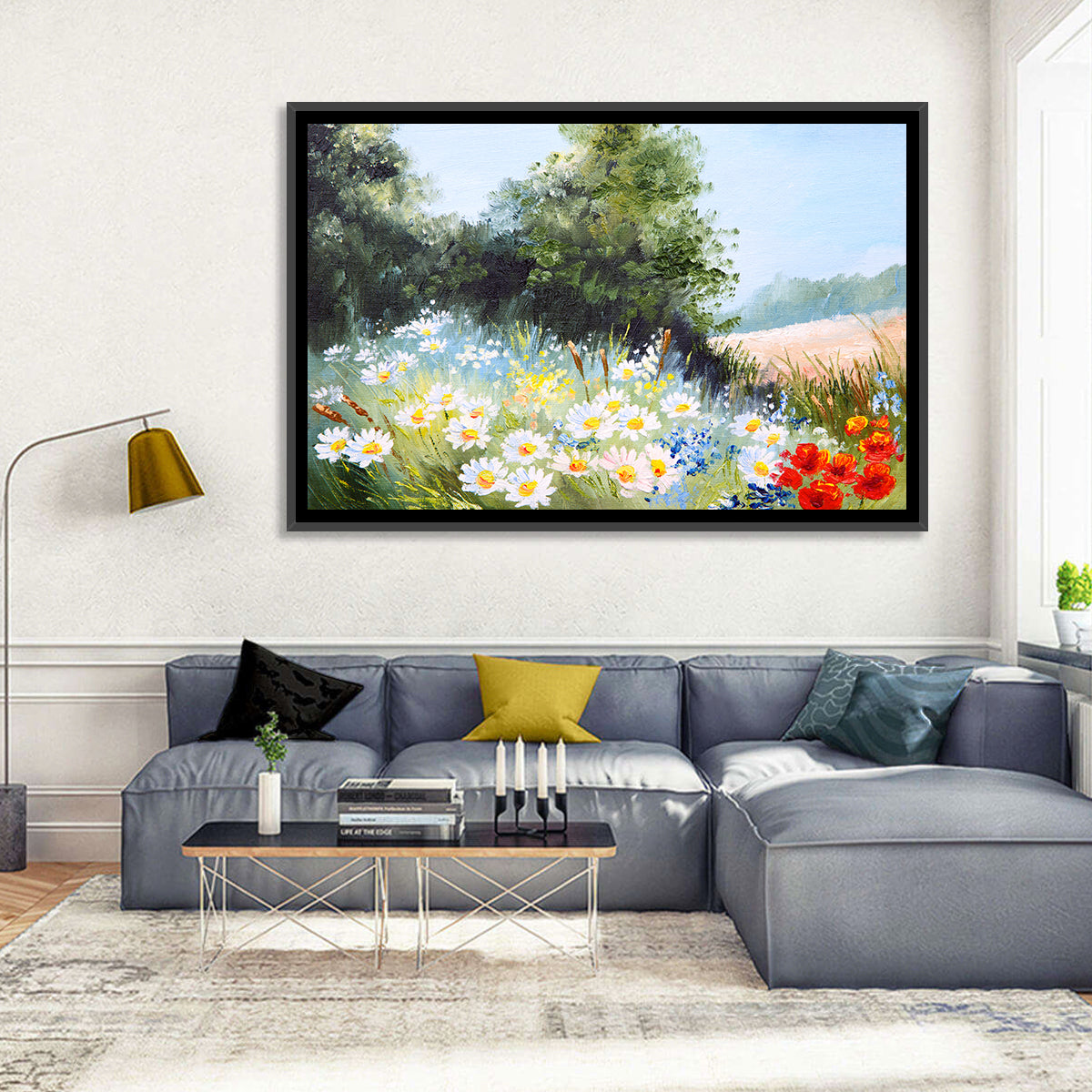 Sunny Daisy Meadow with Red Poppies Wall Art in a room, landscape