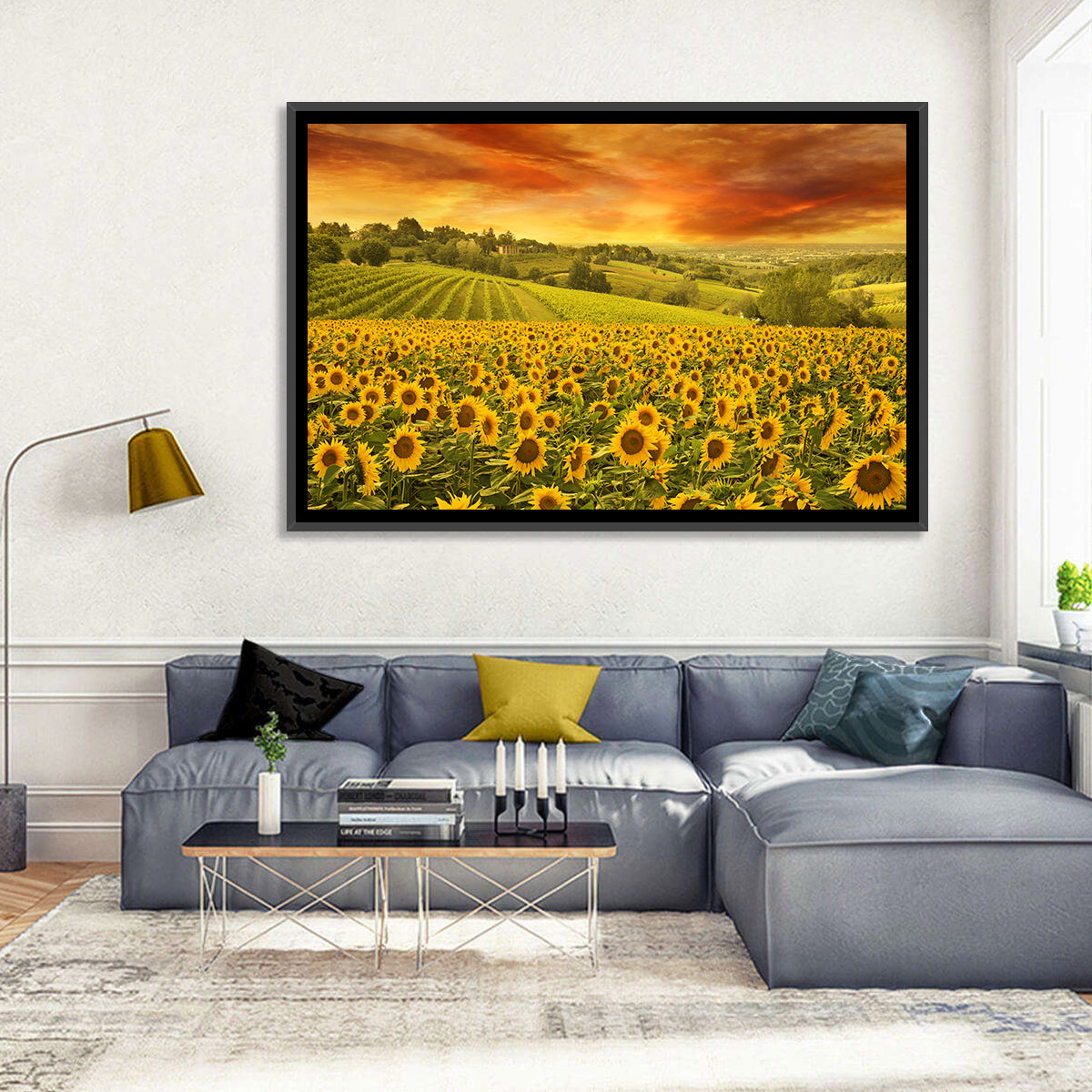 Sunflower Field at Golden Hour Wall Art in a room, landscape