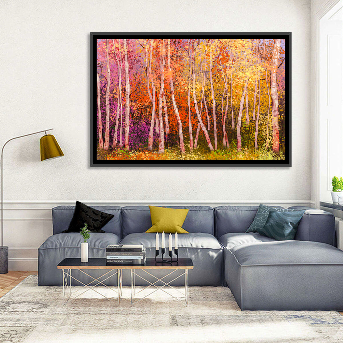 Vibrant Autumn Birch Grove Wall Art in a room, landscape