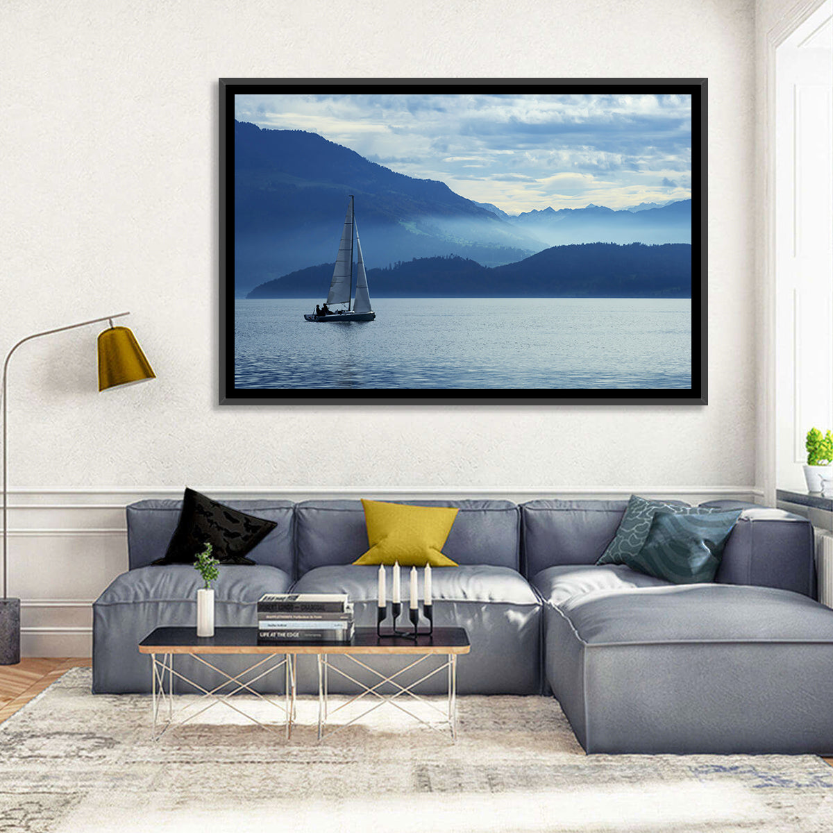 Lake Zug Sailing Wall Art in a room, landscape