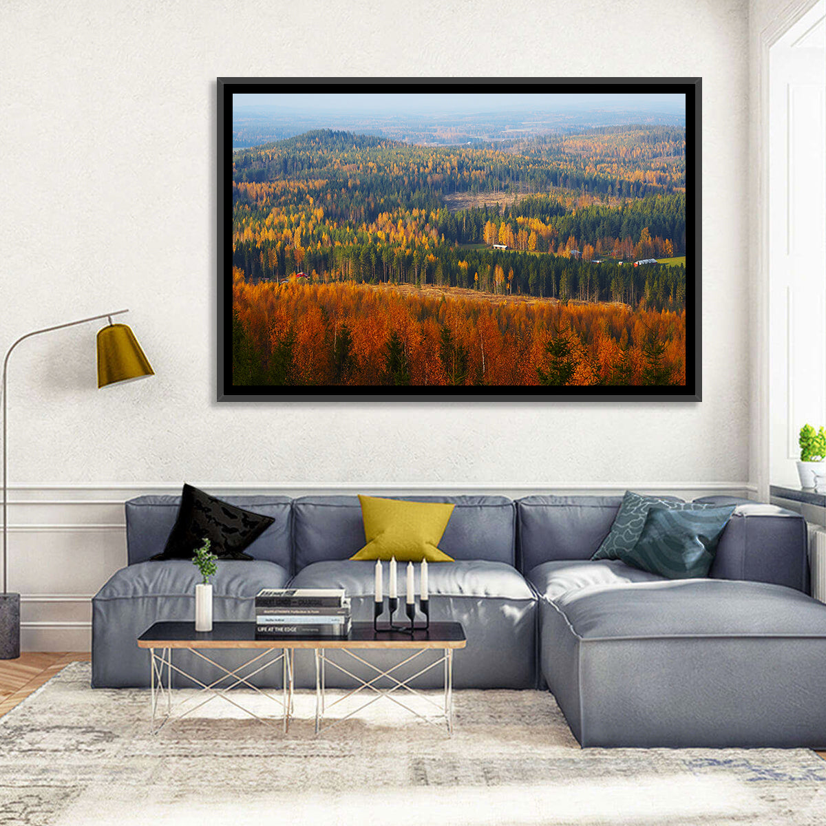 Finnish Autumn Landscape with Red-roofed House Wall Art in a room, landscape