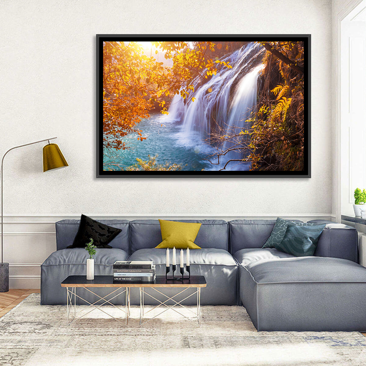 Golden Hour Waterfall in Autumn Forest Wall Art