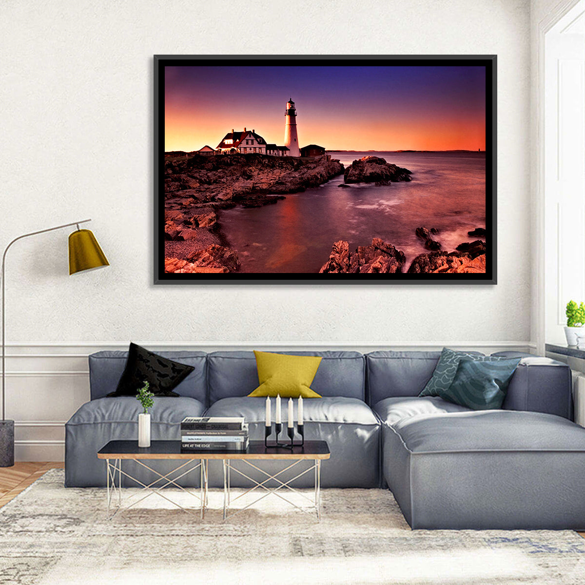 Portland Head Light at Dusk Wall Art in a room, landscape