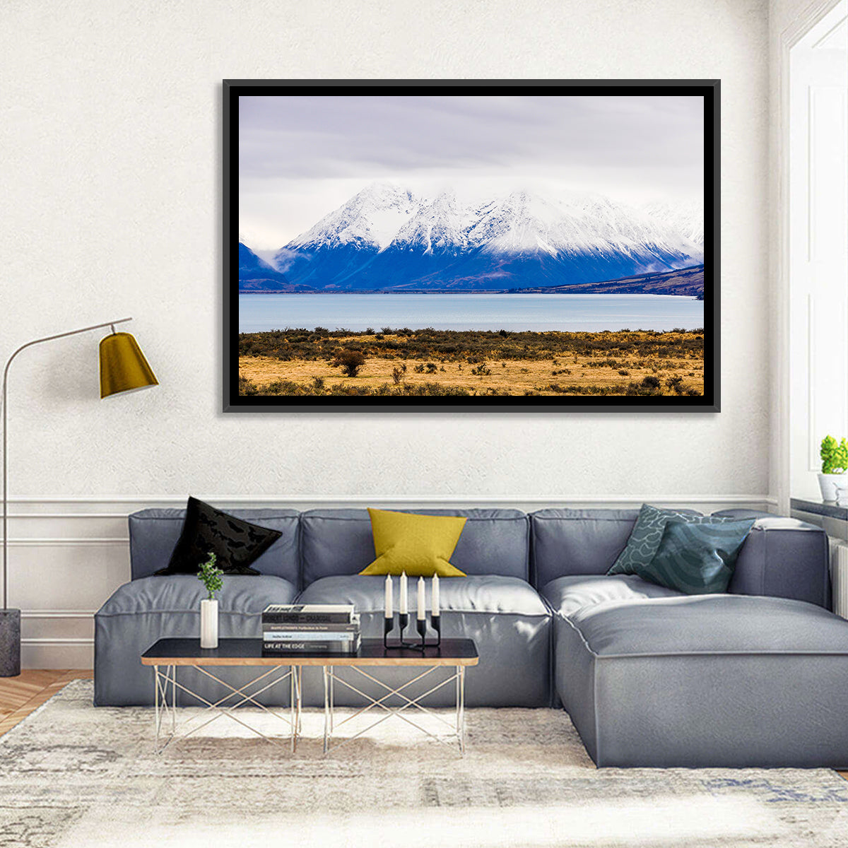 Lake Ohau Snowy Peaks Wall Art in a room, landscape