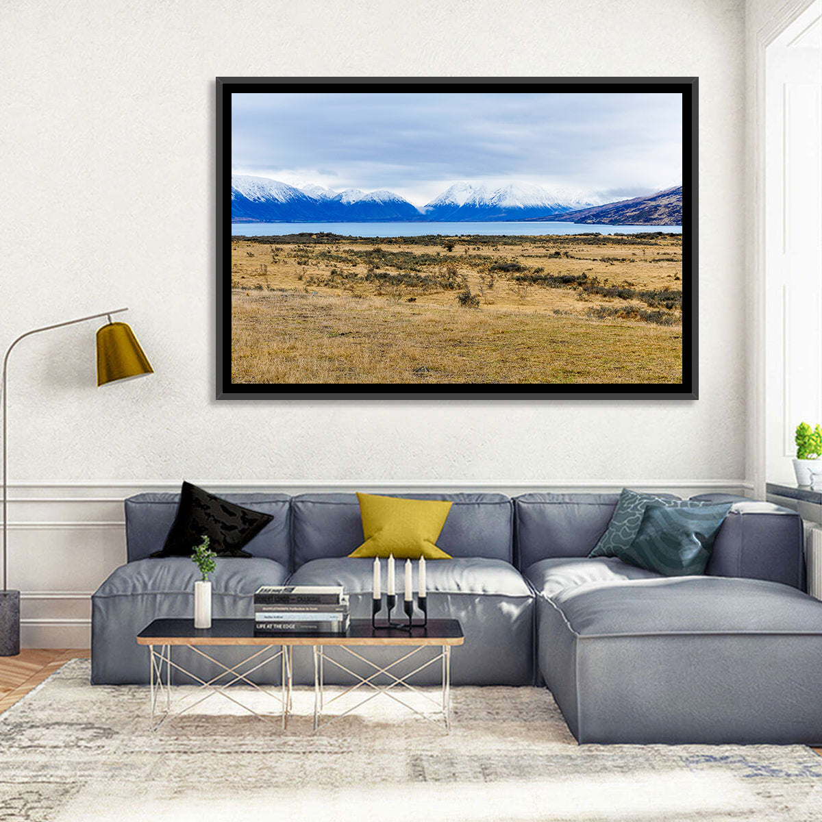 Snowy Peaks of Lake Ohau Wall Art in a room, landscape