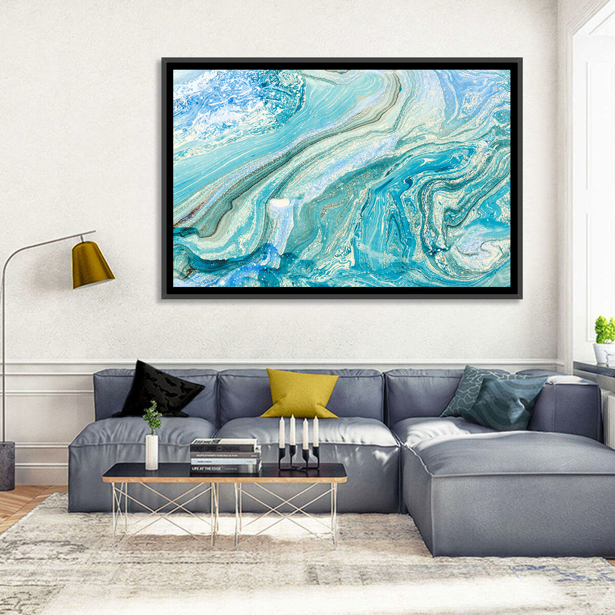 Aqua Marble Swirls with Silver Accents Wall Art in a room, landscape