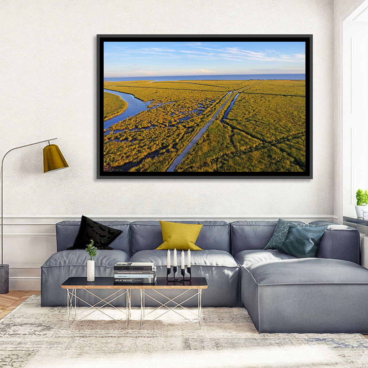Delaware Bay Marshland Aerial Wall Art in a room, landscape