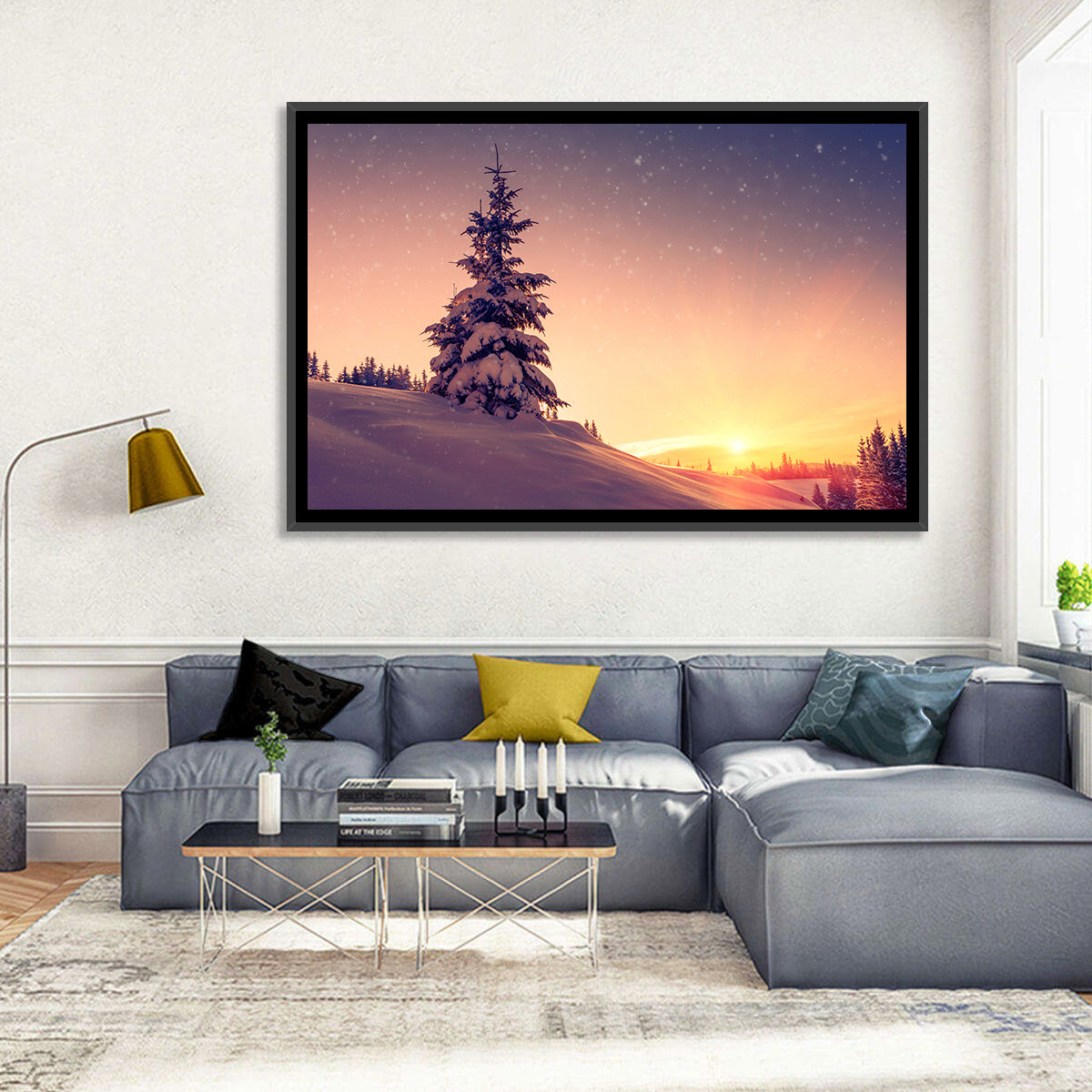 Snowy Sunset with Conifer Wall Art in a room, landscape