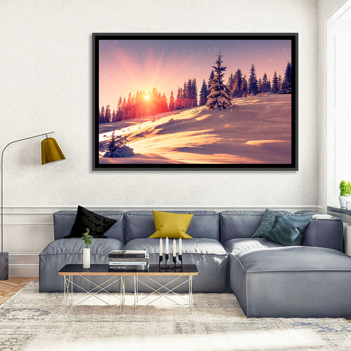 Winter Mountains Sunrise Wall Art in a room, landscape