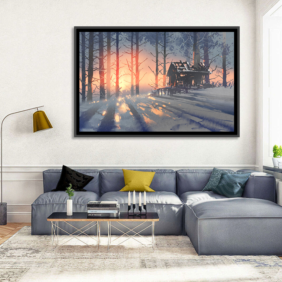 Snowy Forest Cabin at Sunset Wall Art